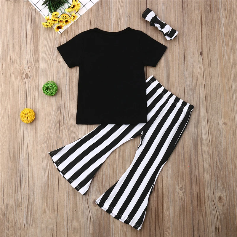 

2019 Summer Kids Baby Girls Short Sleeve Top+Striped Bell-Bottomed Pant +Headband 3Pcs Sunsuit Outfits