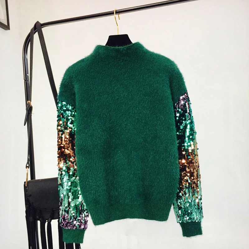 JOYDU 2018 Korean Winter Lady's Sweater Sequins Long Sleeve Patchwork Pullover Fashion Mohair Turtleneck Knitted Sweaters Women | Женская