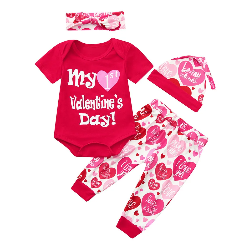 My 1ST Valentine Day Newborn Baby Boy Girl Outfits Cotton Valentines Outfit Letter Romper+Pants+Hat+Headbands Set L1228 | Детская одежда
