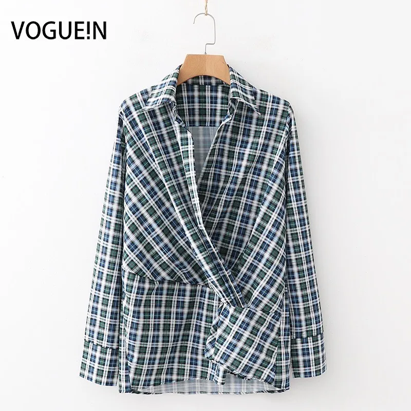 VOGUEIN Новая женская Повседневная клетчатая Асимметричная блузка с длинным