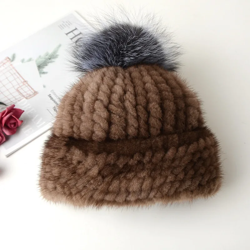 786598 European and American Fashion Woven Mink Fur Hats Ladies Winter Warm Dome Natural Fox Fur Ball Hat