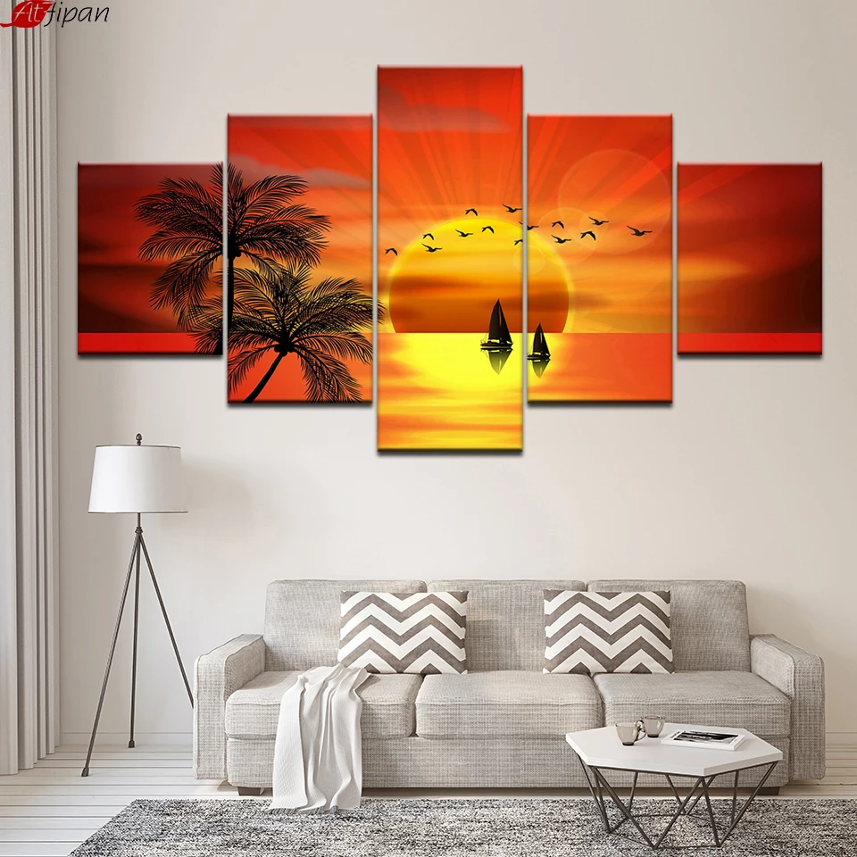 Картина на холсте декор для стен 5 шт. кокосовое дерево птица парусник красивый
