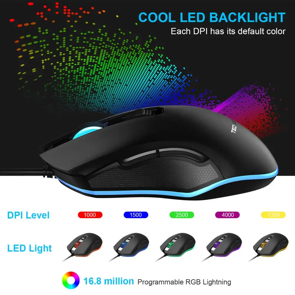 TeckNet игровая мышь 7200 dpi программируемая 6 кнопок RGB с подсветкой USB Проводная