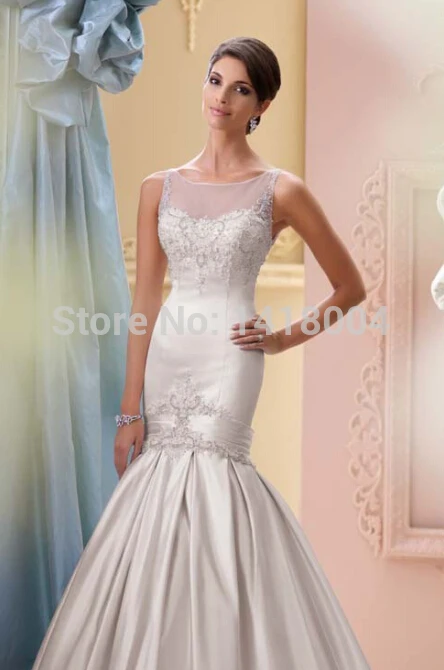 A-2015 new mermaid scoop neckline sheer wedding dresses see through lace crystals beaded vestidos bridal gowns | Свадьбы и торжества