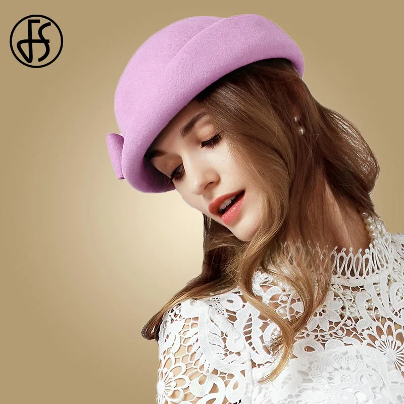 Pink Purple Wool Hat FS Black Gray Wool Berets Vintage Winter French Beret Women Felt Hats Fedoras Bowknot Artist Ladies Top Caps Autumn Hats - Цвет: Pink Purple Wool Hat