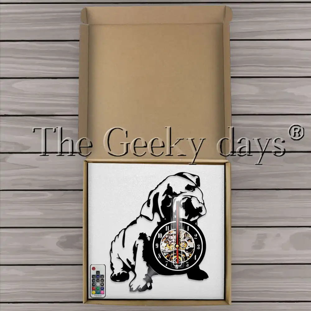 1 шт. Английский бульдог в британском стиле собаки породы Виниловая пластинка настенные часы с Цвет изменения ПЭТ Щенка Мопса настенные часы светодиодный ночной Светильник