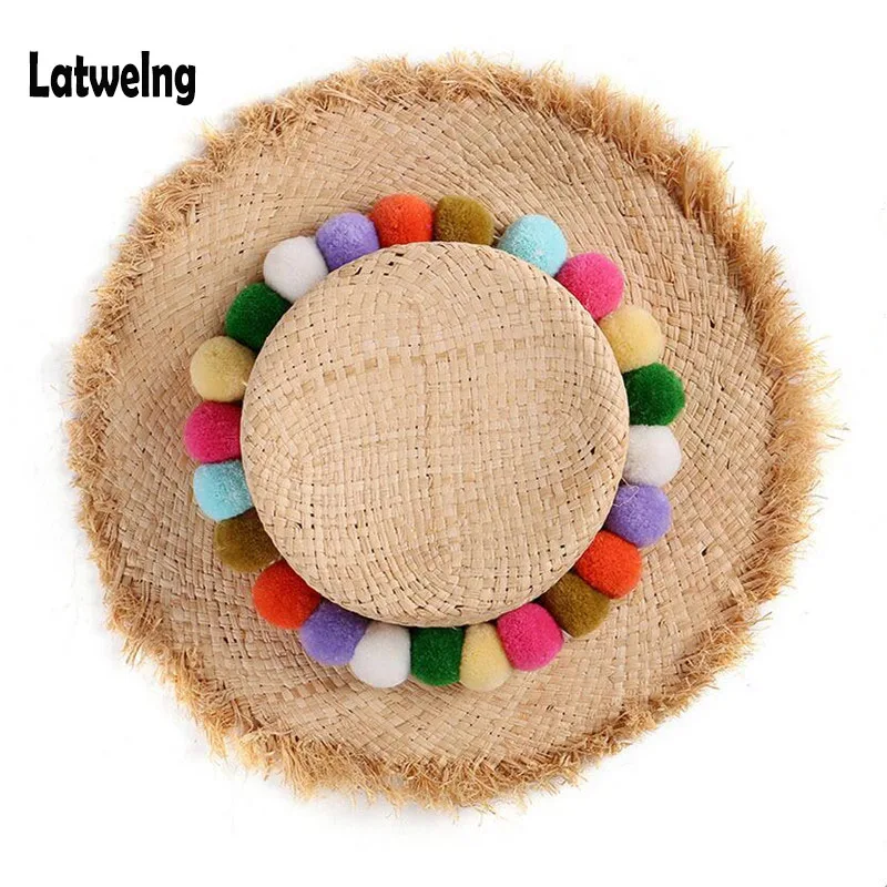 

NEW Handmade Colorful Pom Pom Raffia Straw Sun Visor Hats For Women Child Foldable Summer Panama Cap Girls Large Brim Beach Hat