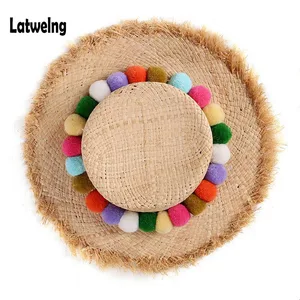 Новая разноцветная соломенная шляпа ручной работы с помпонами и соломенным козырьком для женщин и детей, складная летняя Панама, пляжная шляпа с большими полями для девочек