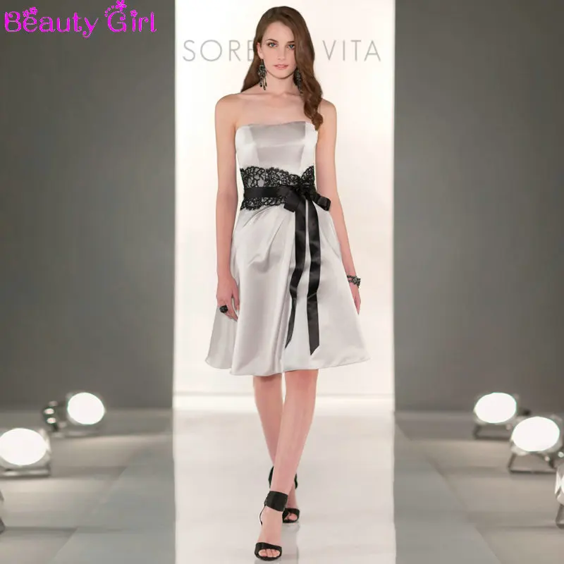 Элегантный A линии без бретелек черный кружево Sashens короткая вечерние платья