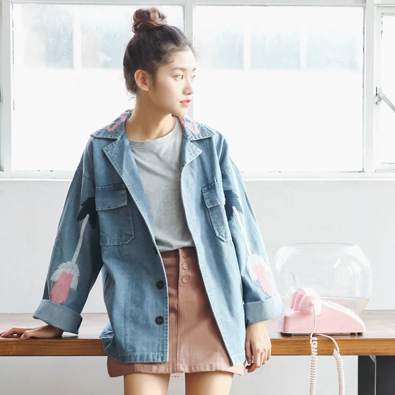 Цветочная джинсовая куртка с вышивкой Для женщин Джинсовое пальто Мода 2017 г.