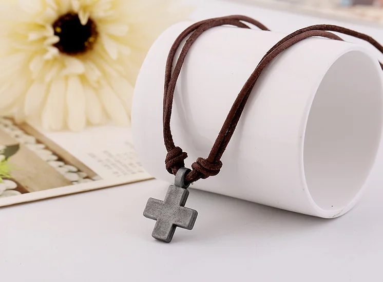 2019 New Retro Cross Necklace Lady Coarse Ore Cowhide Alloy Pendant Male Punk Short Leather Collarbone Chain | Украшения и
