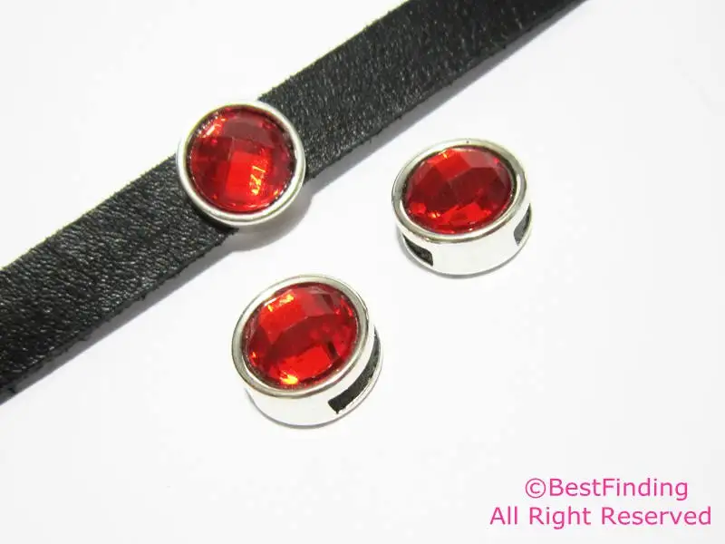 

10mm Flat leather findings Red rhinestone button 10x2mm leather slider -FR12