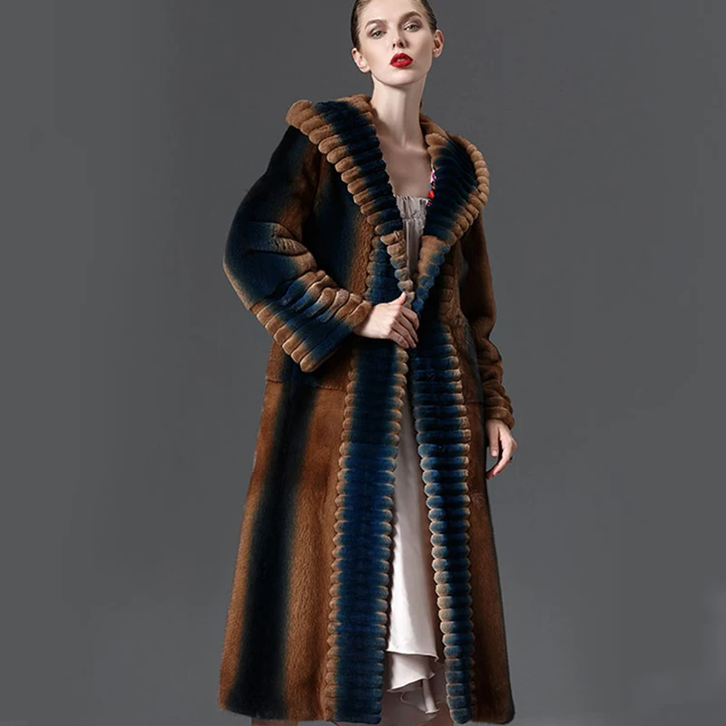 LVCHI Winter 2019 Mink Fur Coats Women's Hat Long Sleeve Coat Full Pelt Ruffles Neck Real Natural Fur X-Long Causal Mink Coats