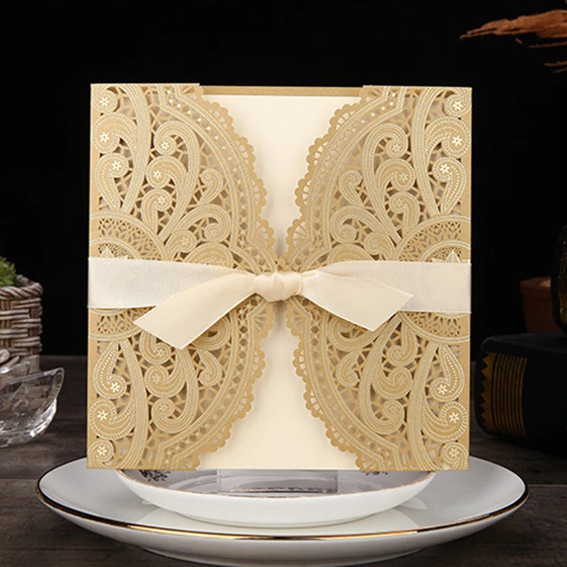 

(50 pieces/lot) Laser Cut Lace Gold Birthday Invitation Card With Ribbon Customized Print Wedding Engagement Invitations CX015G