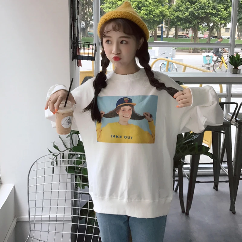 Для женщин печати oversize свитшот женские корейские с круглым вырезом свитер