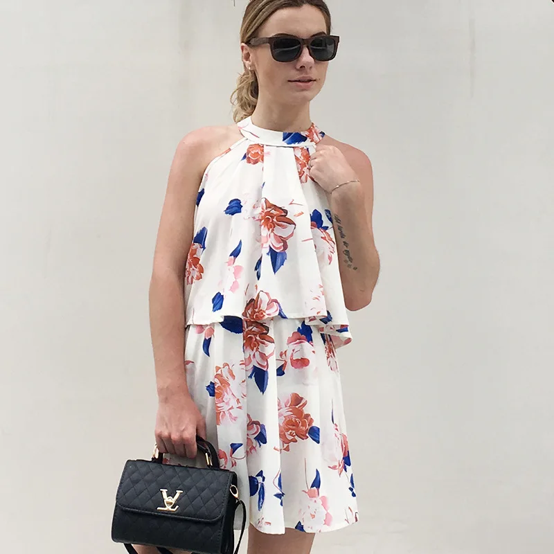 Boho Top Short 2 Piece Sets Women Floral Printed Sleeveless Sexy Two Set Femme Halter Backless Clothes Summer H | Женская одежда