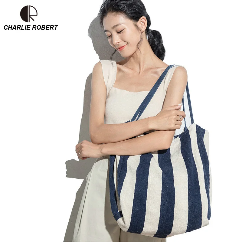 

2019 New Spring Square Canvas Casual Tote Panelled Stripe Women Lady Fashion Eco Friendly Shopping Bag Crossbody Bags