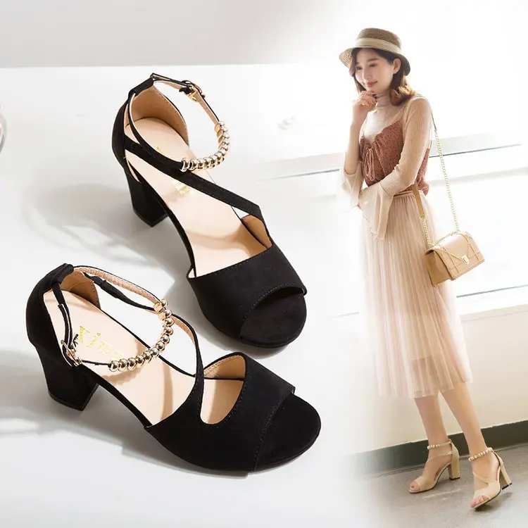 EFFGT sexy Women fish mouth hollow Roman sandals thick with a word beaded high heels female summer C263 | Обувь