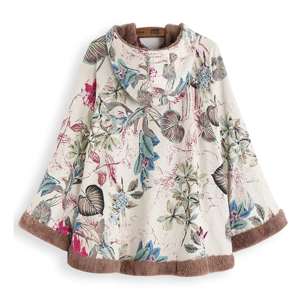 FREE OSTRICH Winter Coat Women Warm Vintage Print Ethnic Jacket Femmes Hooded Outerwear Drawstring Pom Poncho Coat