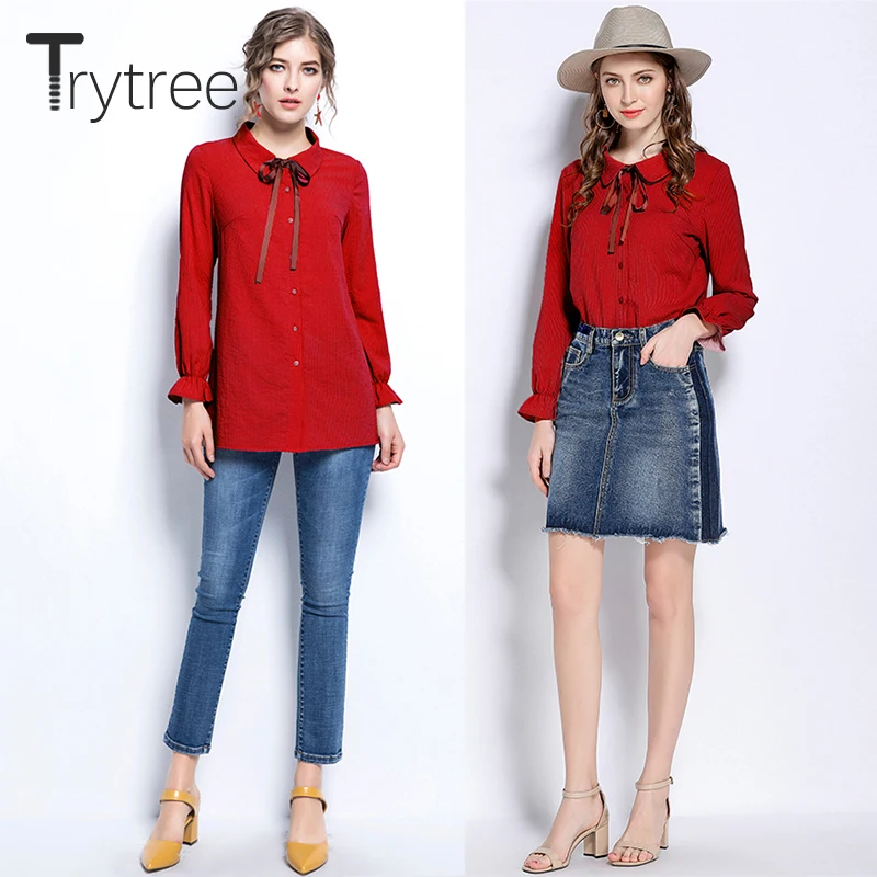 Ttytree Весна Лето Блузки Повседневная рубашка Женская Офисная Леди длинная 2018