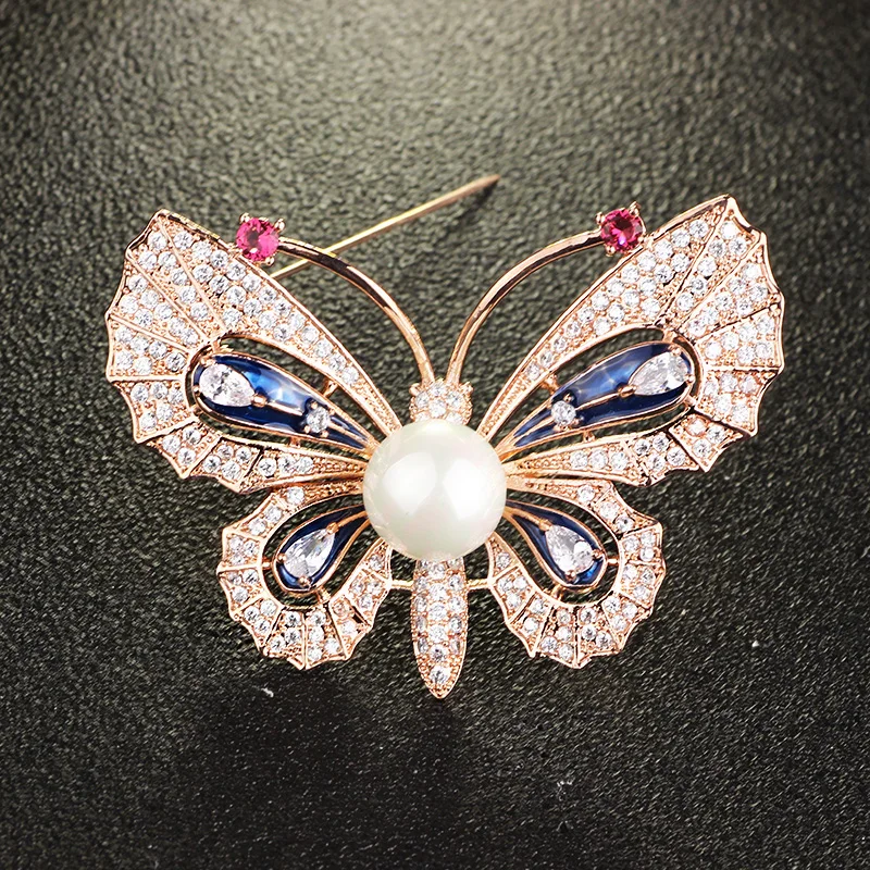 

FALENA Jewelry Hand paint Butterfly Brooch inlay with Zircon Fashion Simulated Pearl Brooches for Women