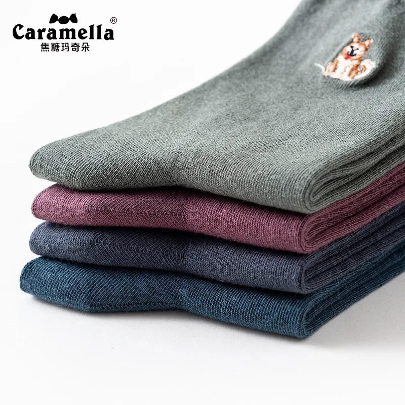 Caramella/4 пар/лот, мужские носки для мальчиков с рисунком щенка, хлопковые носки до середины икры, Осень-зима, теплые одноцветные