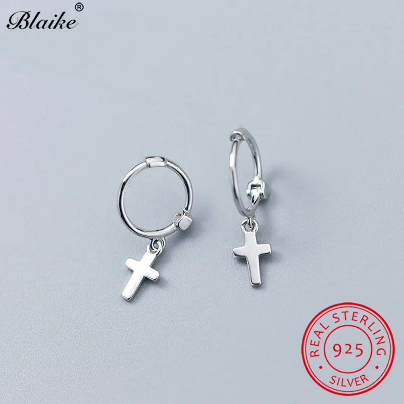 Минималистичные маленькие серьги кольца с крестиком из стерлингового серебра 925