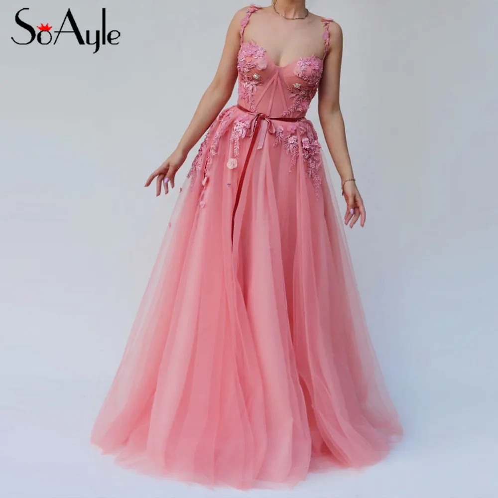 

SoAyle Elegant Evening Dresses A-line Pink vestido de festa Embroidery Applique Beaded Prom Dresses Pleats Waist Evening Formal