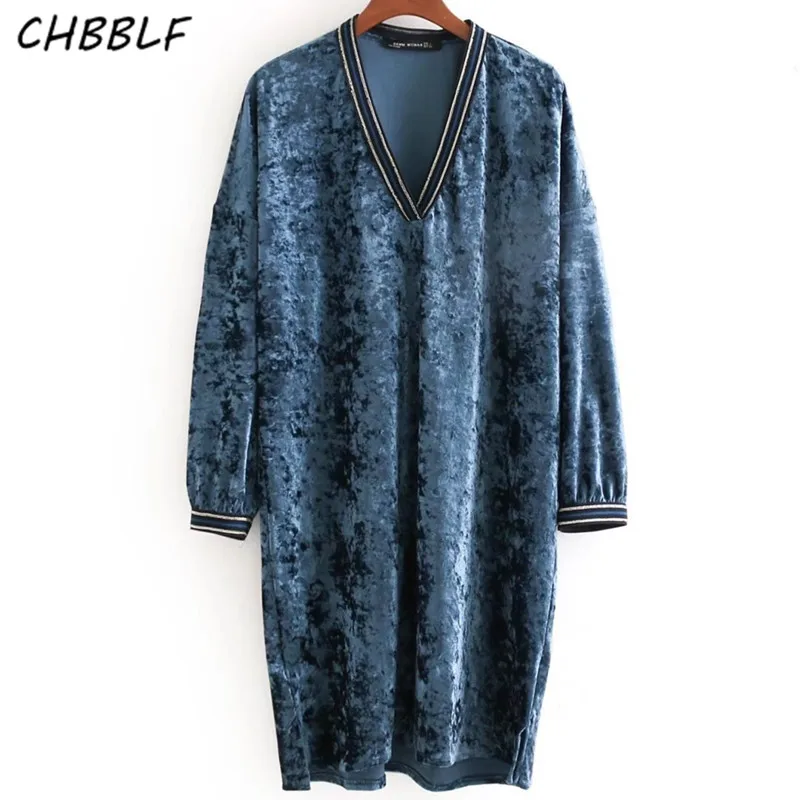 Женские винтажные V шеи бархат свободное платье oversize-Длинные рукава в стиле ретро