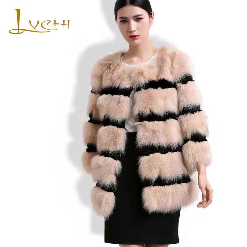 Женское пальто из натурального меха LVCHI однотонное в полоску с длинными рукавами
