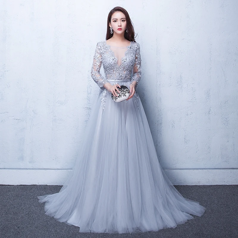 Modabelle серые платья для выпускного вечера Robe Soiree Manche Longue A-Line Тюль Аппликации сексуальное торжественное платье Robe De Bal Longue