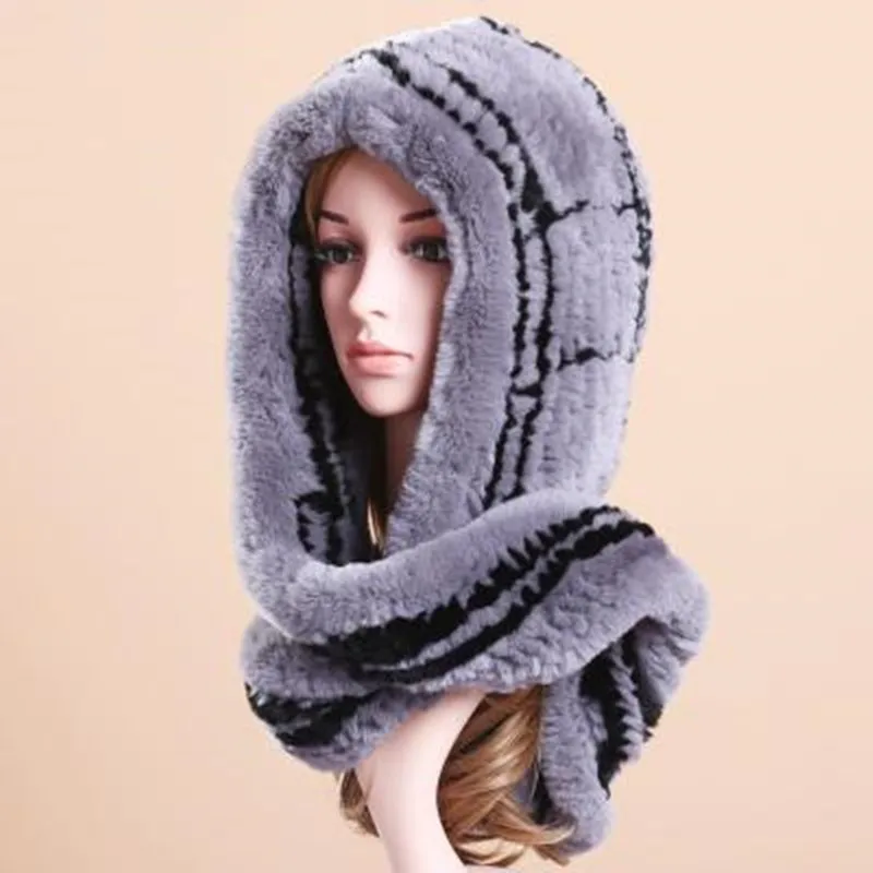 Модная теплая трава Настоящий мех кролика рекс кролик вязаный шарф шапка