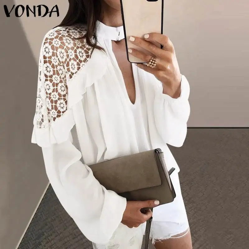 VONDA, без бретелек, женская летняя Кружевная блуза, Сексуальные клубные топы, v-образный вырез, рукав-фонарик, блузы, топы с открытыми плечами, OL рубашка, S-5X