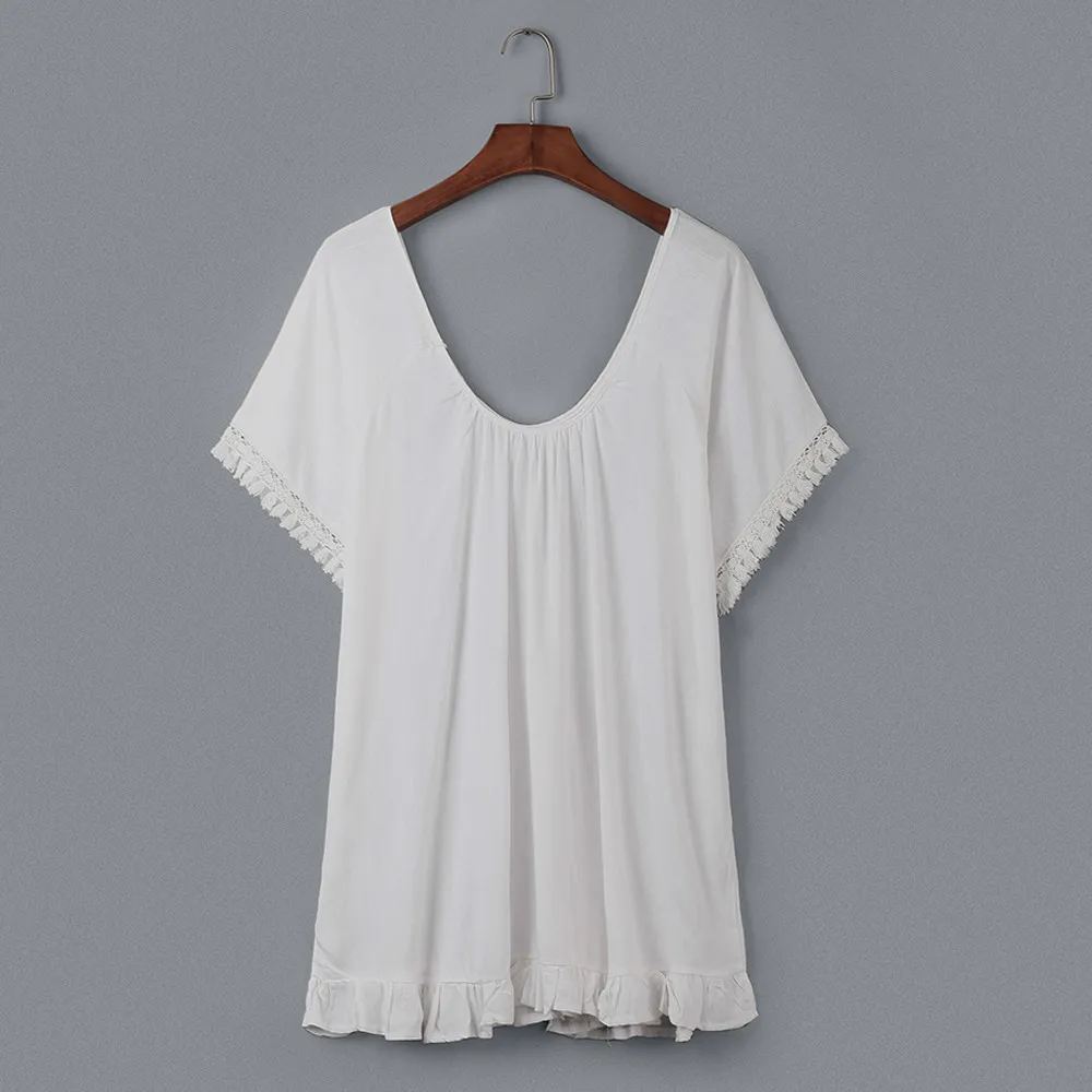 Women Summer Tassels Sloid Bikini Cover Up Ruffle Beach Dress Swimsuit Kaftan Beach Tunics Pareos Cape Smock Robe De Plage