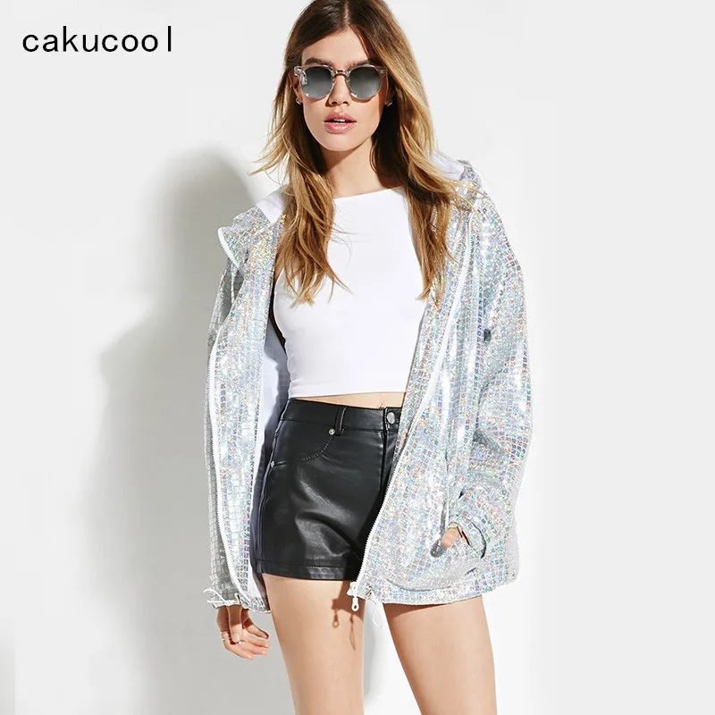 Cakucool/Женская Блестящая куртка с блестками бомбер серебряное пальто на молнии