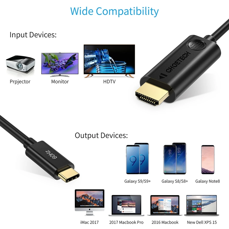 CHOETECH USB C к HDMI 4K кабель адаптер 60 Гц 6Ft usb type 1080p для 2017 2018 MacBook Pro samsung Galaxy S9 huawei| |