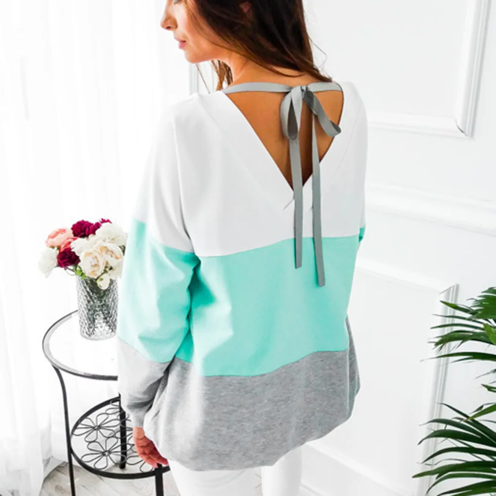 JOYINPARTY Lace up Bandage Long Sleeve Sweatshirt Loose Casual Tops Tee Shirt Pullovers Femme 2018 blue/pink/red/green | Женская одежда
