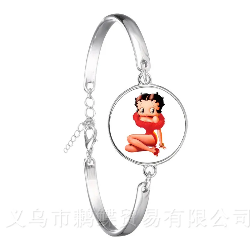 

1pcs 18mm Round Glass Cabochon Handmade Betty Boop Bracelet For Women Silver Plated Chain Bangle Creative Gift
