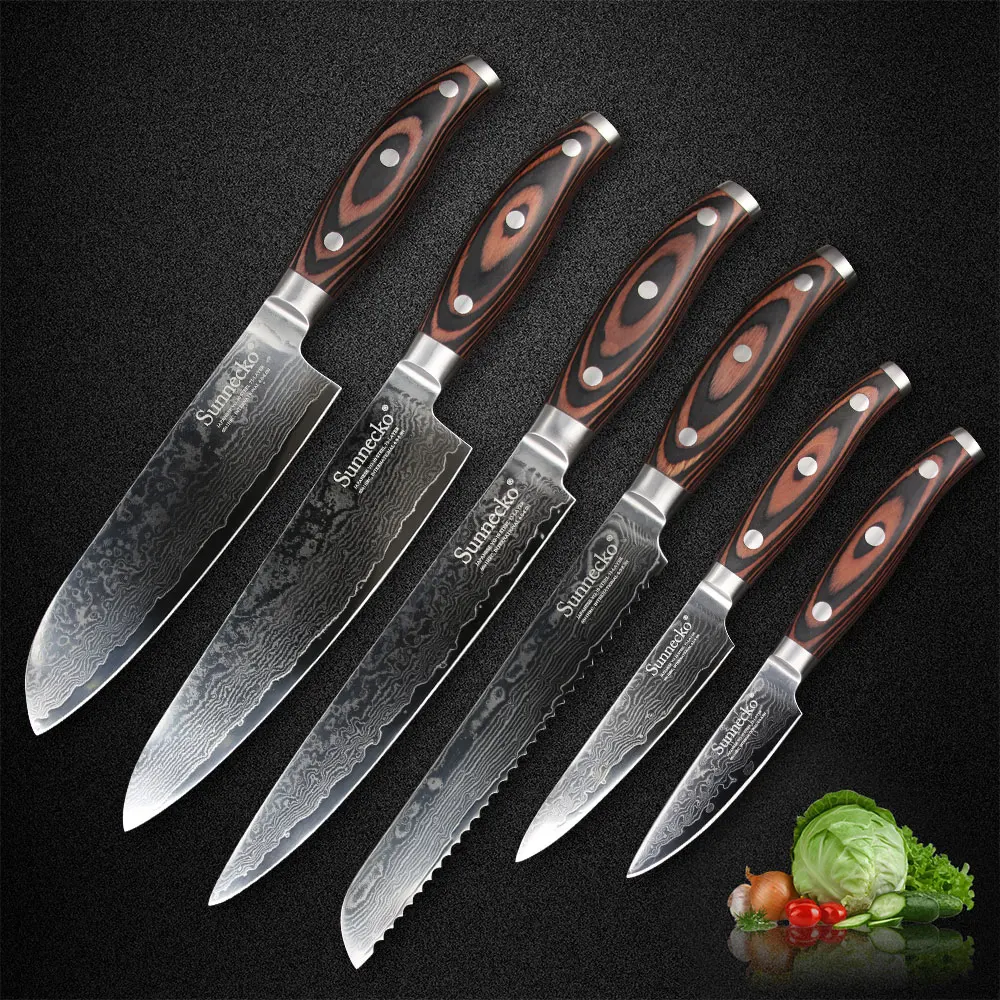 SUNNECKO 73 слоев Дамаск Сталь 6 шт. Кухня Набор ножей Japaness VG10 шеф повар Slicer подсобное