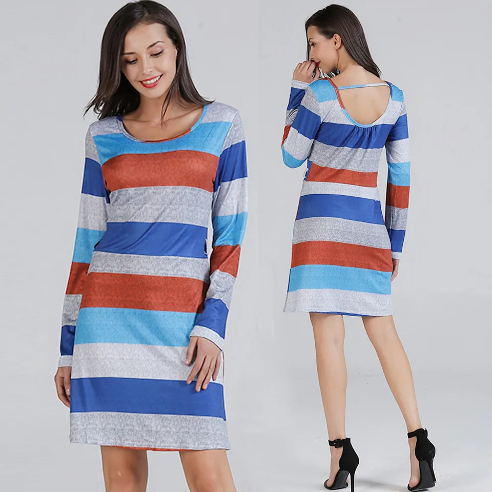 

S-L women elegant o neck long sleeve short dress slim casual leiusre striped dress spring autumn mini dress