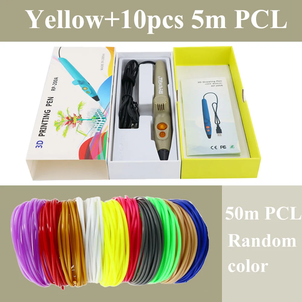 Yellow 50m PCL Myriwell 3D игла принтера RP-200A USB низкотемпературная 3D Ручка каракули с 1,75 мм PCL материал для детей 3D Рисунок игрушки подарки - Цвет: Yellow 50m PCL