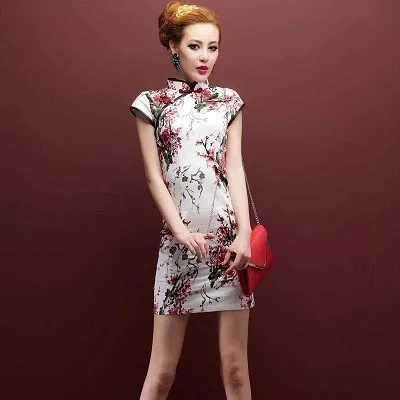 plum blossom Sheng Coco 5XL китайское традиционное платье с принтом эластичность лен хлопок китайский Qipao короткое улучшение эластичная сила Cheongsam - Цвет: plum blossom