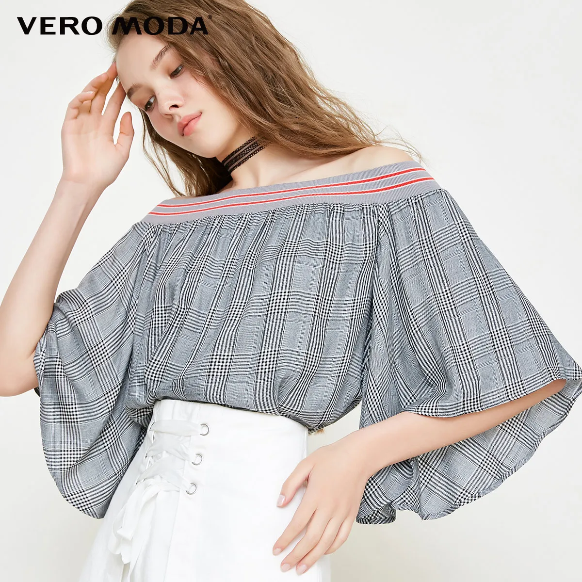 Lt. grey mel. Vero Moda новые женские топы в клетку с открытыми плечами и эластичным вырезом лодочкой с расклешенными рукавами | 31836X503 - Цвет: Lt. grey mel.
