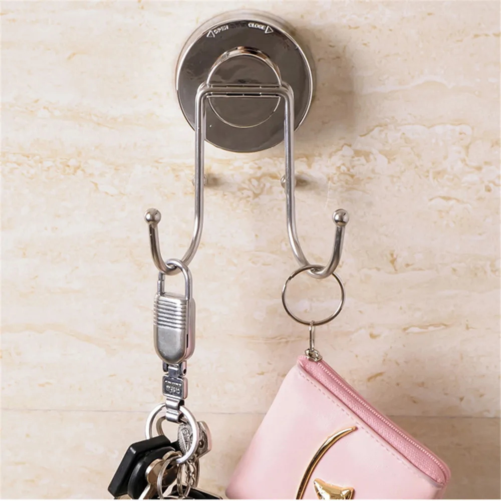 TTLIFE Ultra-strong vacuum Stainless Steel Suction Cup Double Hook Free Punch Hook Metal Mounted Wall Hook Rack Bathroom Kitchen