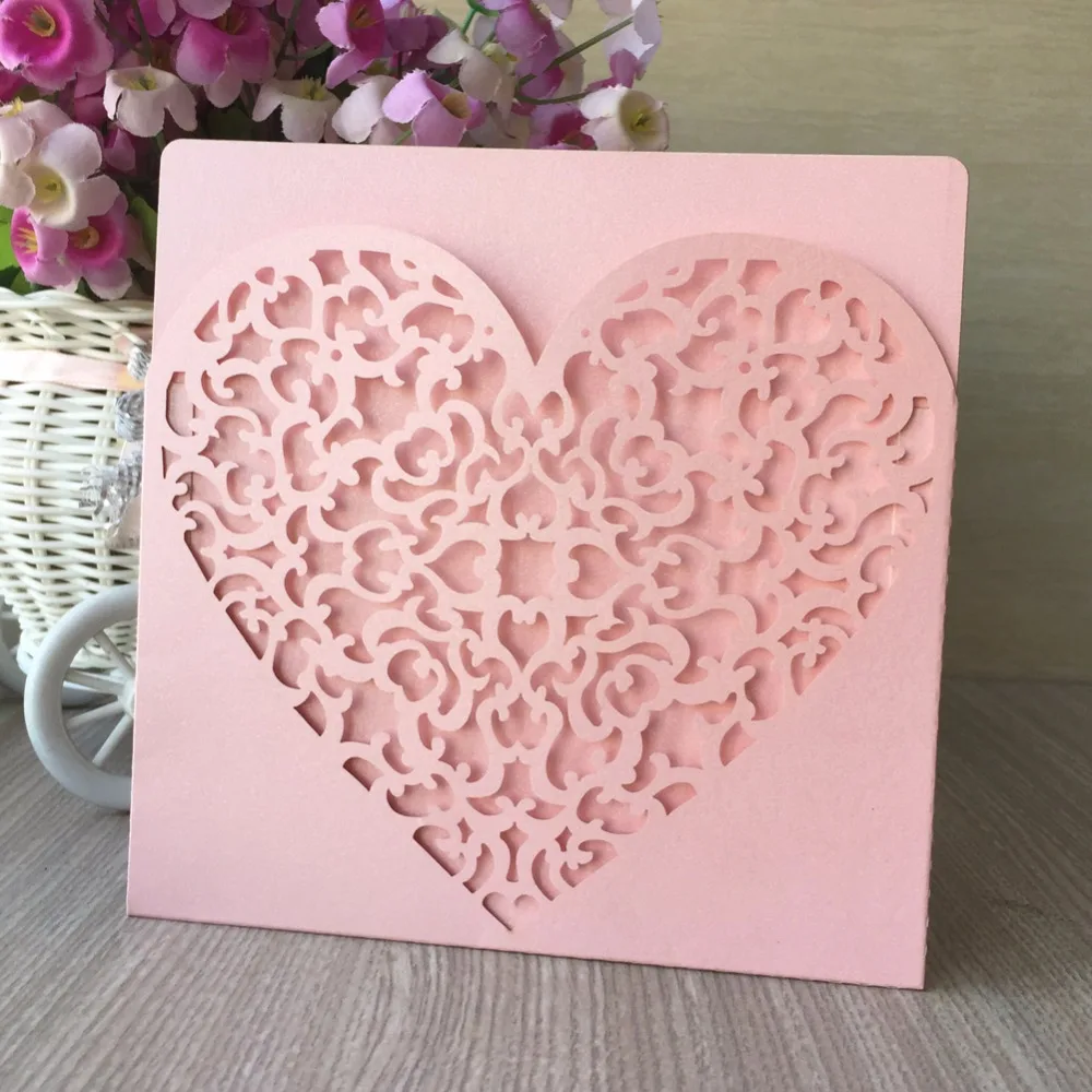 

100pcs Pink Glossy paper Laser Cut Heart Design Business Party Birthday Invitations Card Decoration Romantic Wedding Supplie
