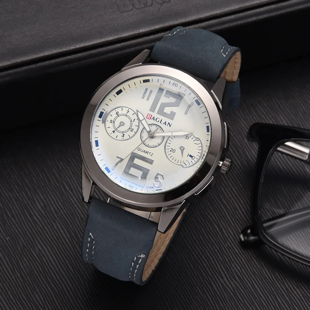 Модные мужские кварцевые часы высокого качества кожаные Blu Ray стеклянные