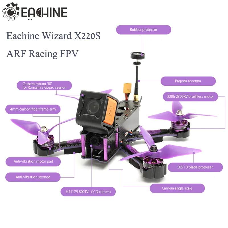 Eachine Wizard X220S 5 8G 72CH Racing FPV с BETAFLIGHT F4 VTX 30A Dshot600 2206 2300KV 800TVL CCD камера RC Quadcopter ARF | Игрушки и