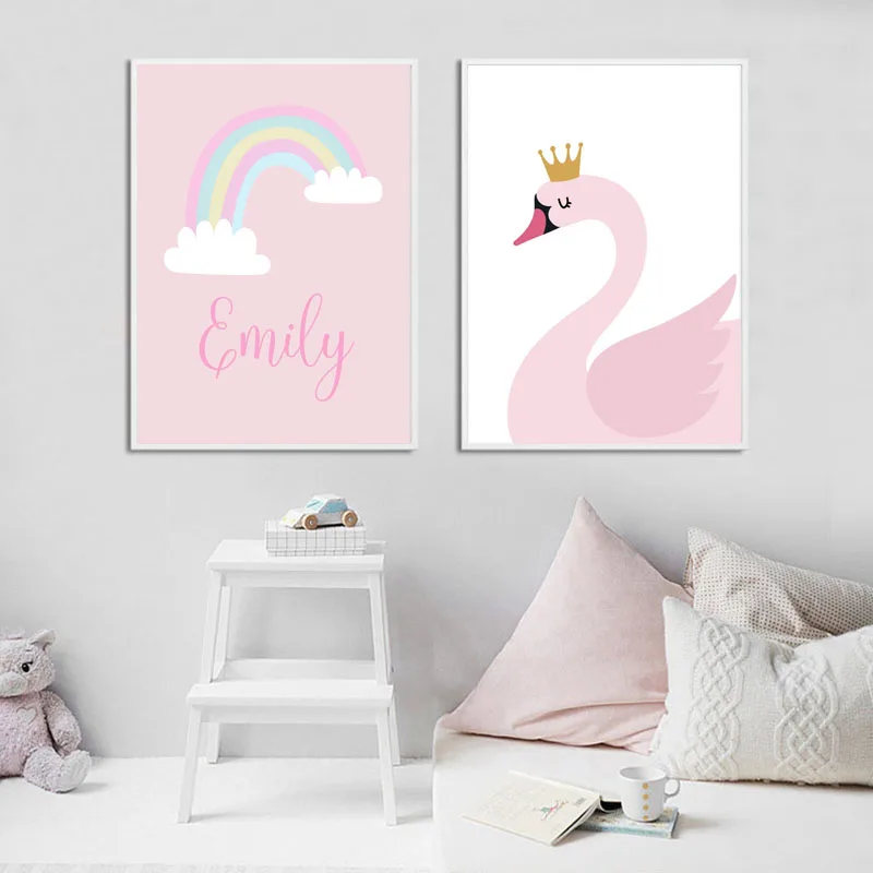 Пользовательское имя с рисунком лебедя Wall Art Холст Картина Единорог детская плакаты на скандинавскую тему розовый настенные панно для маленьких детей украшение для комнаты девочки