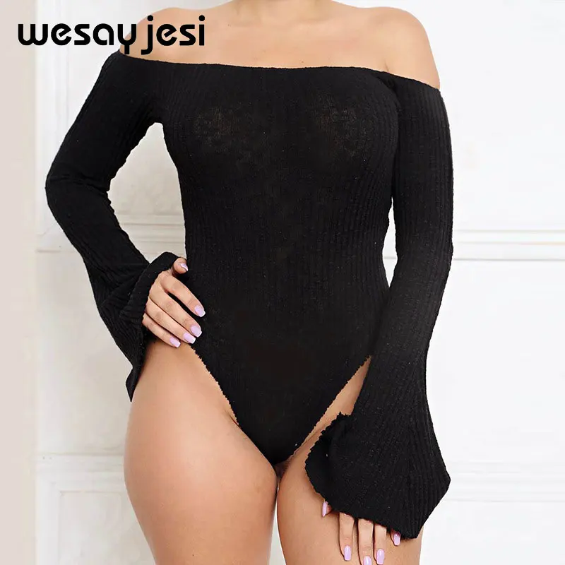 Off Shoulder Ribbed трикотажные Сексуальная боди женский, черный с v-образным вырезом летние тонкий комбинезон Для женщин s комбинезон зимний одноцветное боди