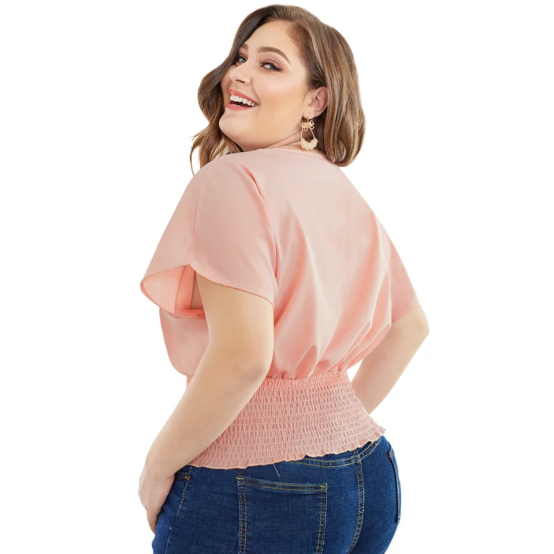 Большие размеры женские рубашки модные с коротким рукавом v образным вырезом